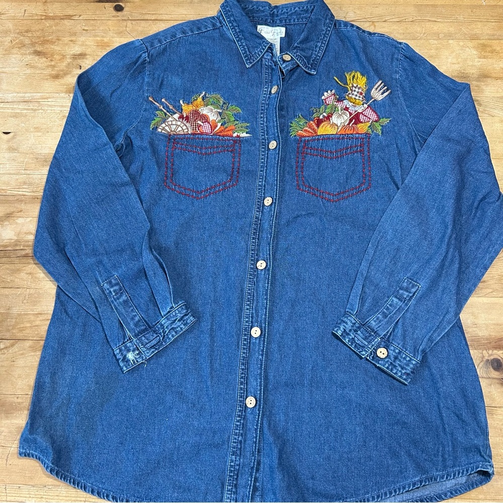 Fall Themed Chambray Button Down 14W